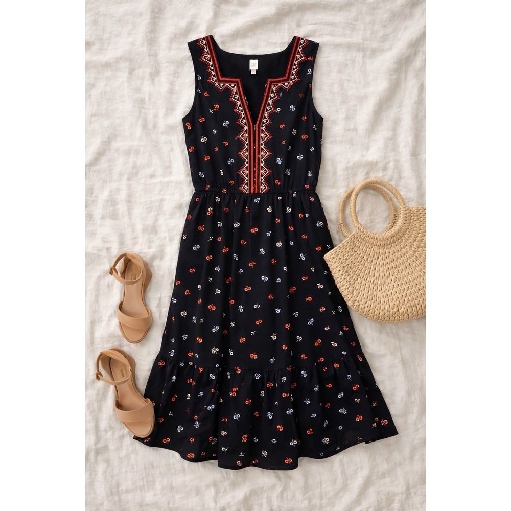 Women's Black Embroidered Midi Dress Boho Sleeveless Fit Flare Sz Small Aztec